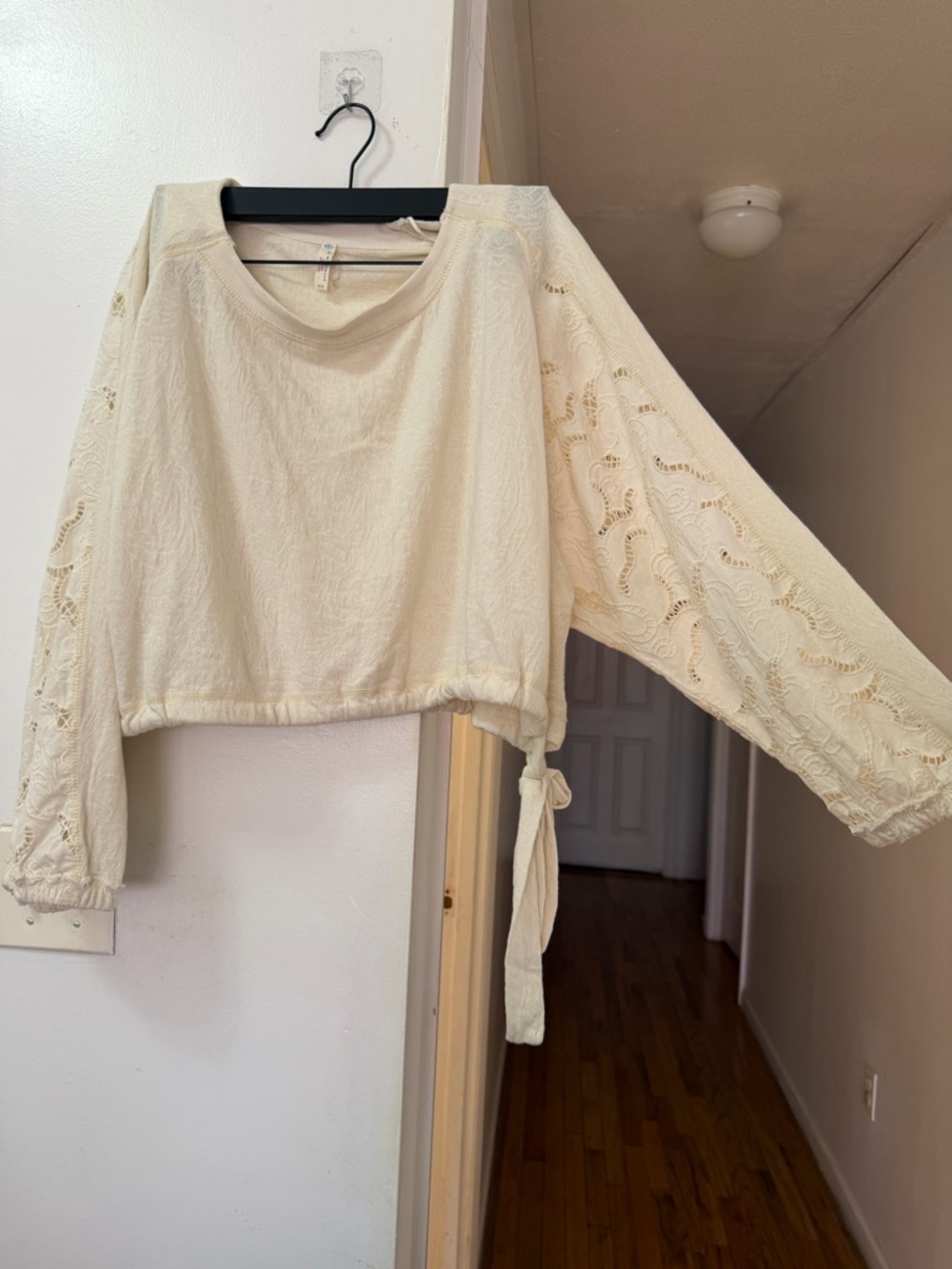 FP Movement by Free People Lace-Sleeve Cream Cropped Pullover